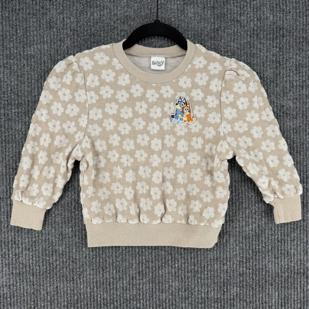 Bluey girls sweatshirt 5T floral textured pullover puff sleeve beige embroidered